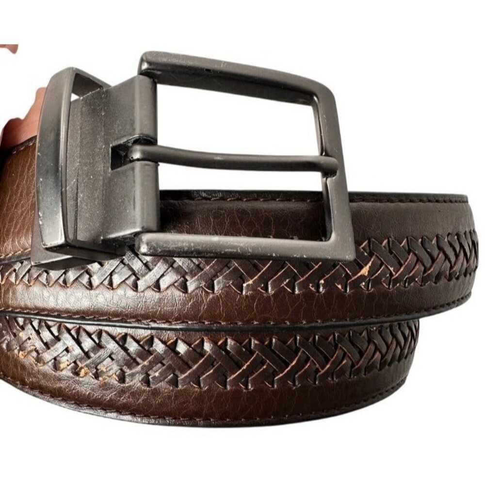 Brown Faux Leather Braided Belt Mens Size 48 Silver Buckle Retro 70s 90s